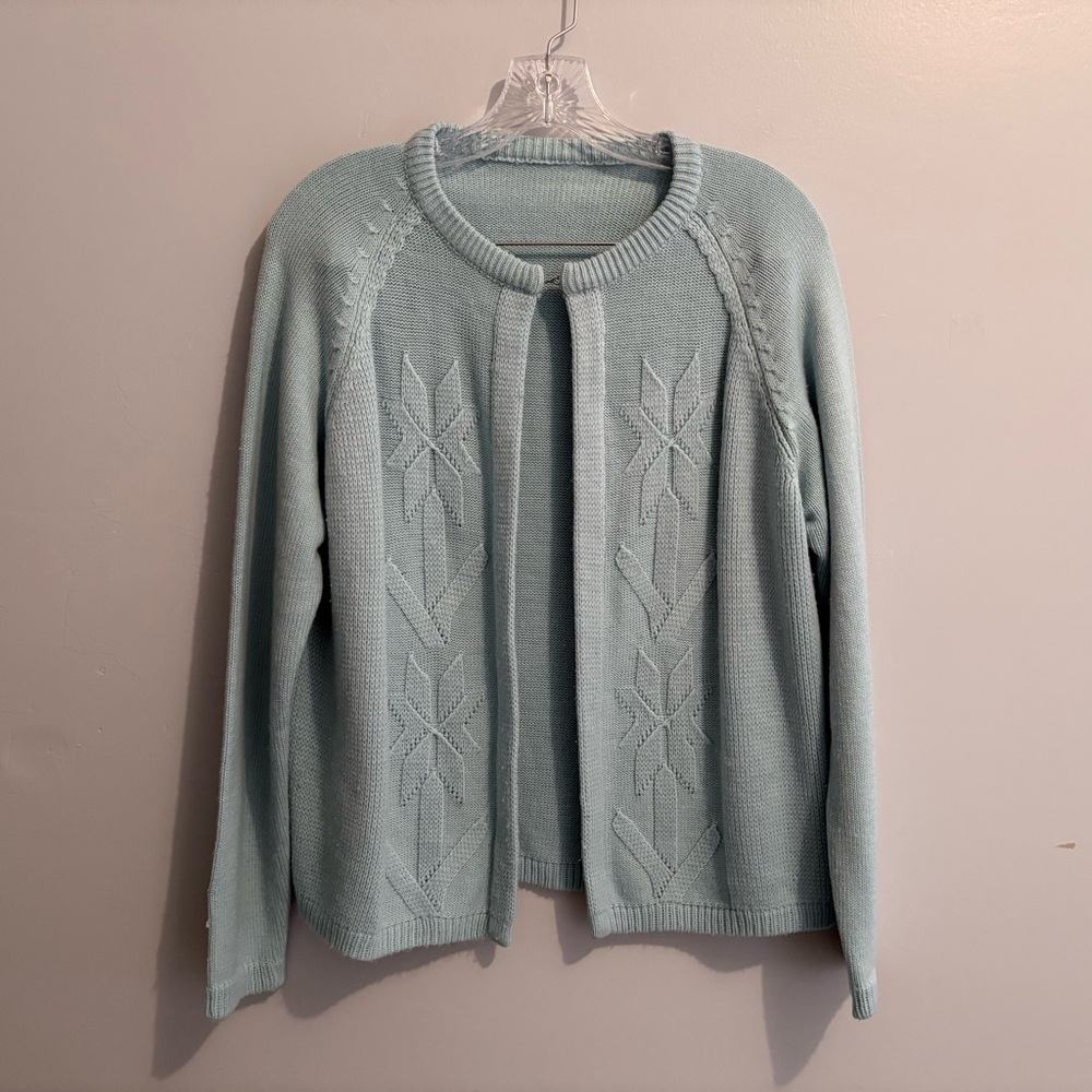 Vintage Cardigan Sweater Light Blue 2X Long Sleeve Snowflake Cable Knit Woven